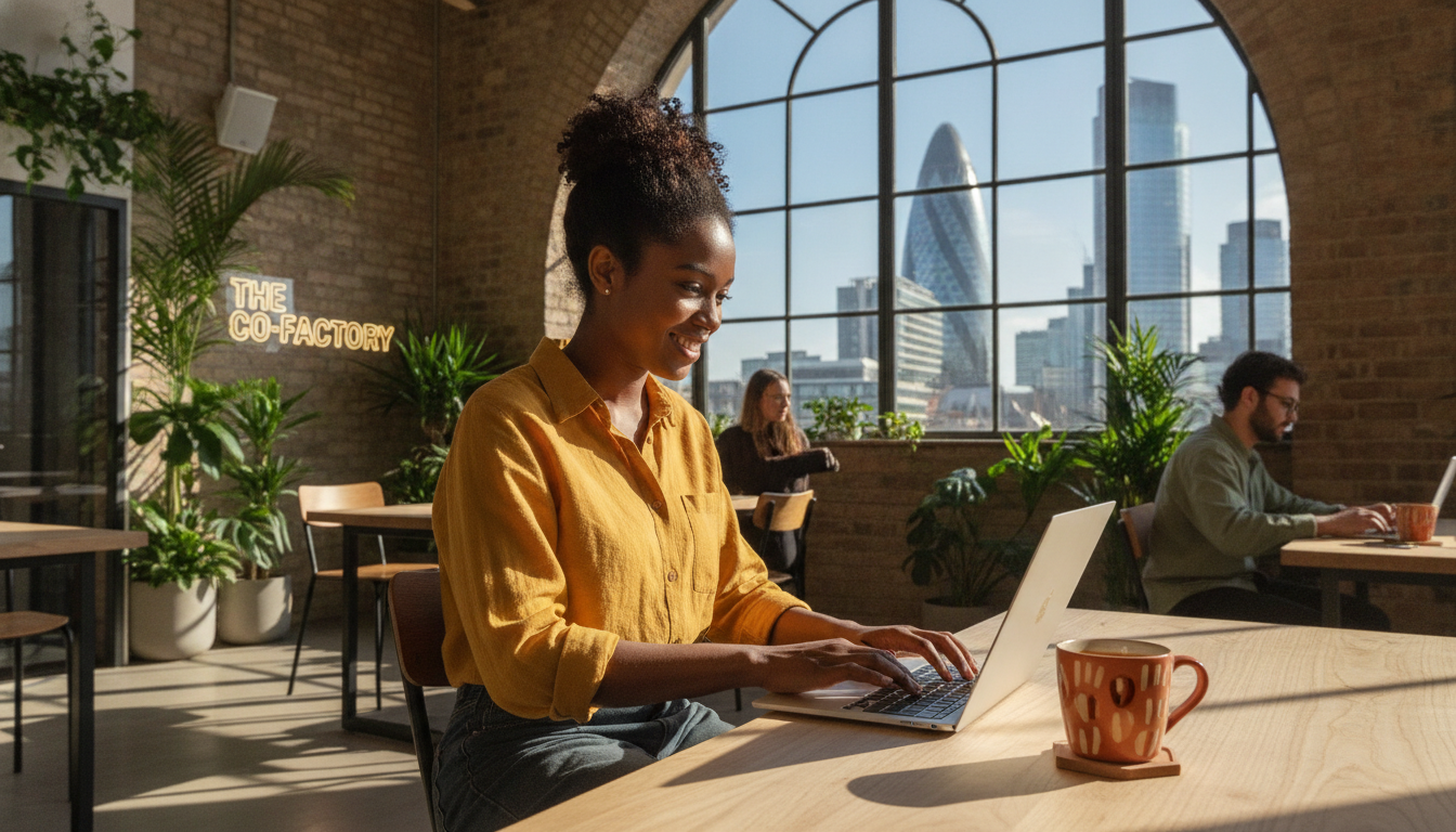 A photorealistic, high-resolution shot of a young, diverse entrepreneur sitting in a vibrant, sunlit modern co-working space in Shoreditch, London. There is a laptop on a wooden desk, a ceramic mug of coffee, and a large window in the background showing the iconic Gherkin and city skyline under a clear blue sky.
