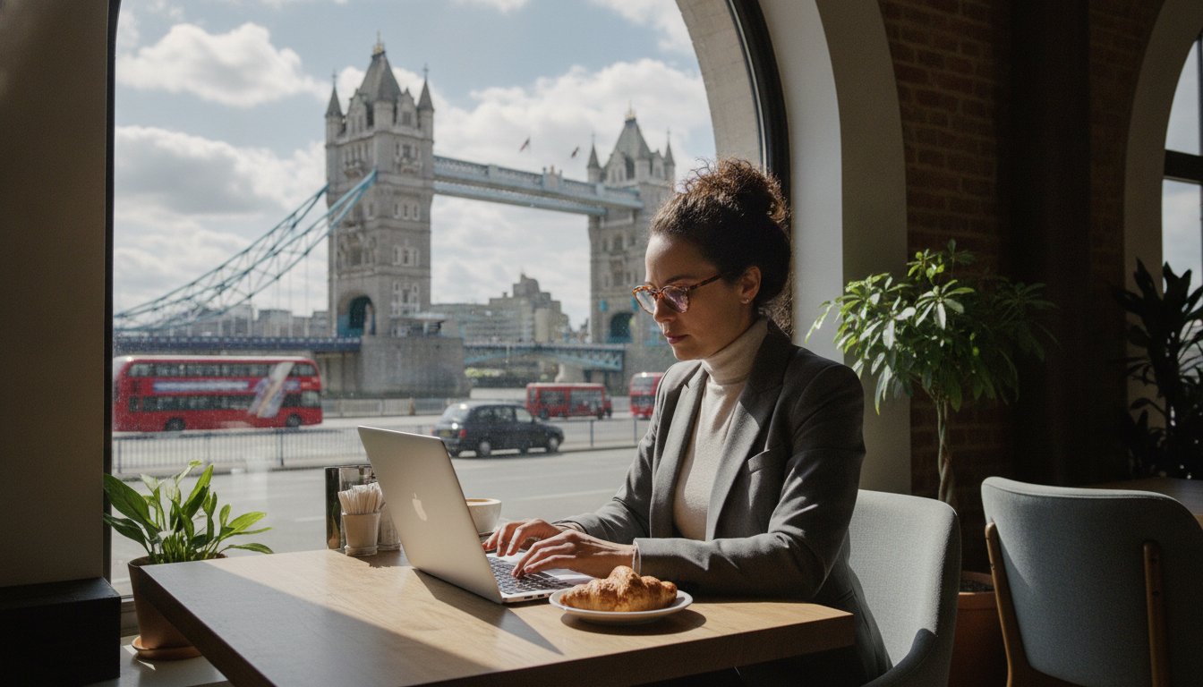 A professional expat entrepreneur sitting in a bright London cafe, working on a laptop with a view of the Tower Bridge in the background, high resolution, photorealistic, 8k resolution, cinematic lighting.