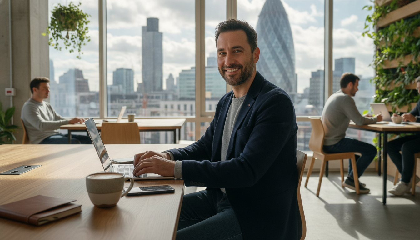 A professional yet casual expat entrepreneur sitting in a bright, modern co-working space in London, using a laptop with a view of the City skyline including the Gherkin through the window, photorealistic style.