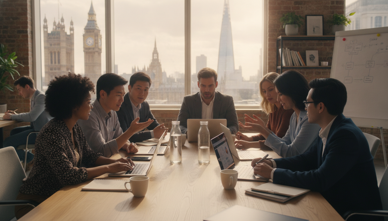 A diverse group of young entrepreneurs sitting in a modern, sunlit co-working space in London, with laptops and coffee cups, looking inspired and collaborating, highly detailed and photorealistic.