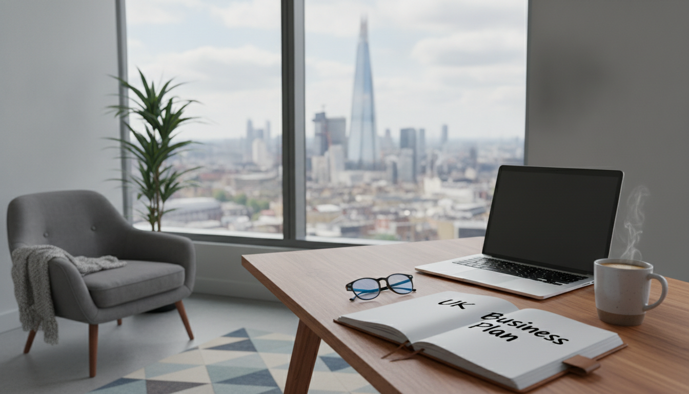 A professional yet cozy modern office setting in London with a view of the Shard through the window, featuring a wooden desk with a sleek laptop, a cup of artisan coffee, and a notebook with the words 'UK Business Plan' written on it, captured in a bright, photorealistic style.