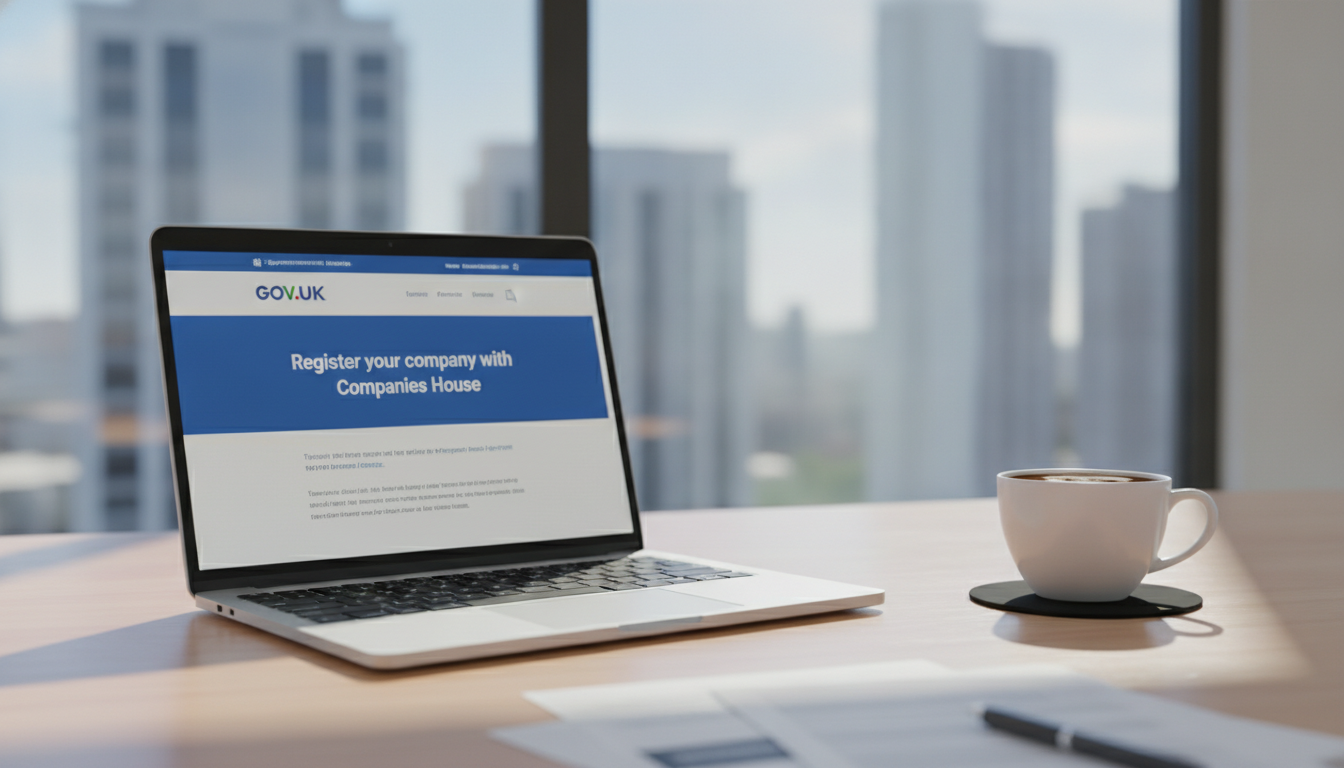 A high-quality, photorealistic shot of a modern laptop on a wooden desk in a bright room, displaying the official UK government website for company registration, with a cup of coffee and a blurred view of a sunny city skyline through the window.
