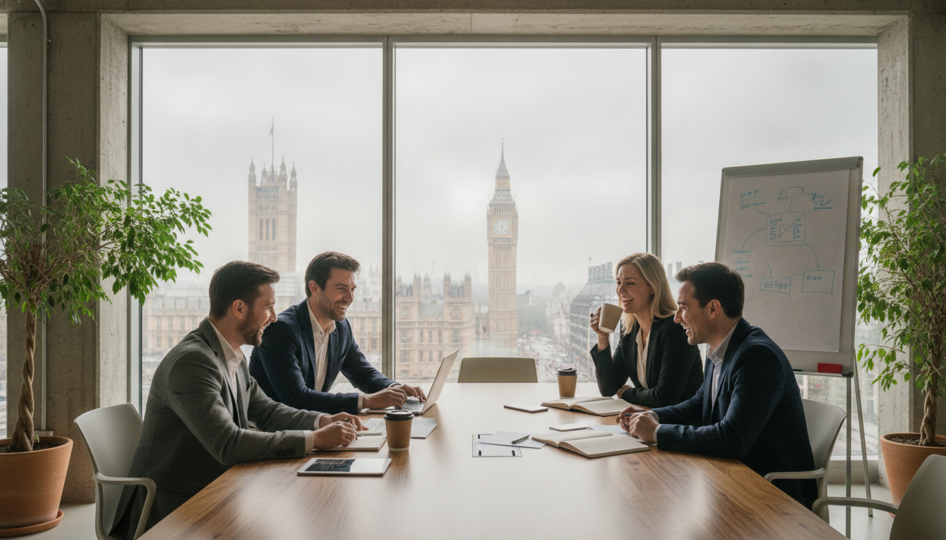 A diverse group of entrepreneurs in a bright, modern co-working space in London, with a view of the Big Ben through the window, photorealistic, professional yet casual atmosphere, high resolution, soft natural lighting