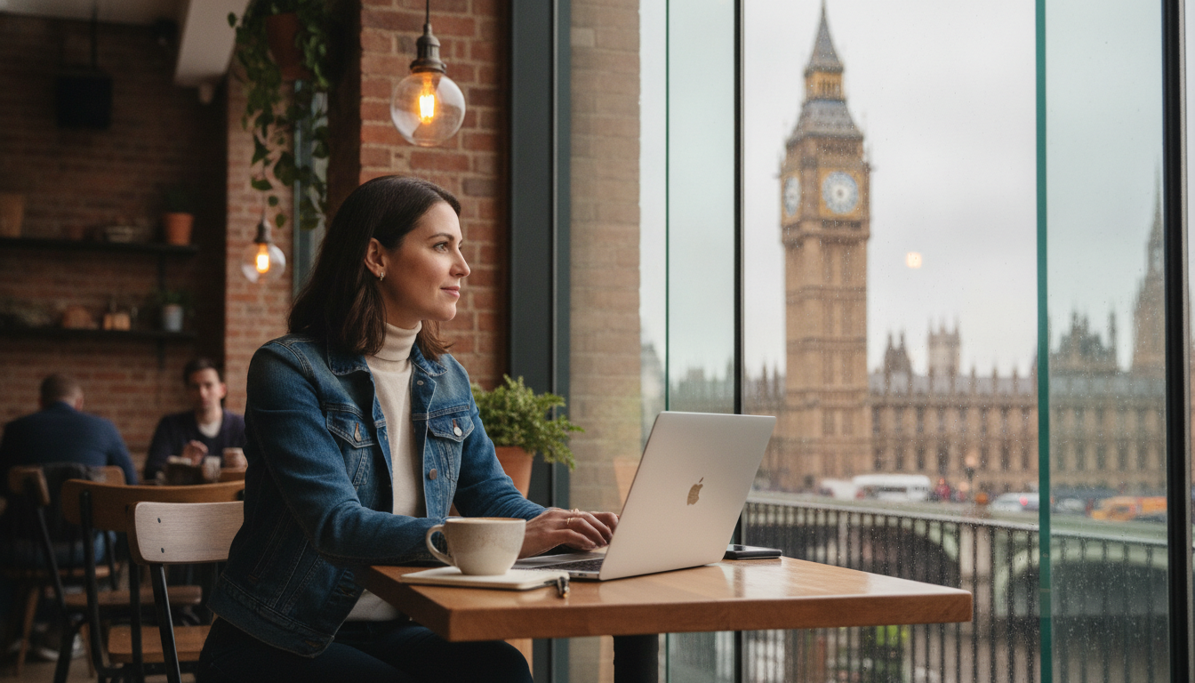 A professional yet casual photo of an expat entrepreneur sitting in a modern London cafe with a laptop, looking at the Big Ben through a glass window, high resolution, photorealistic style, natural lighting
