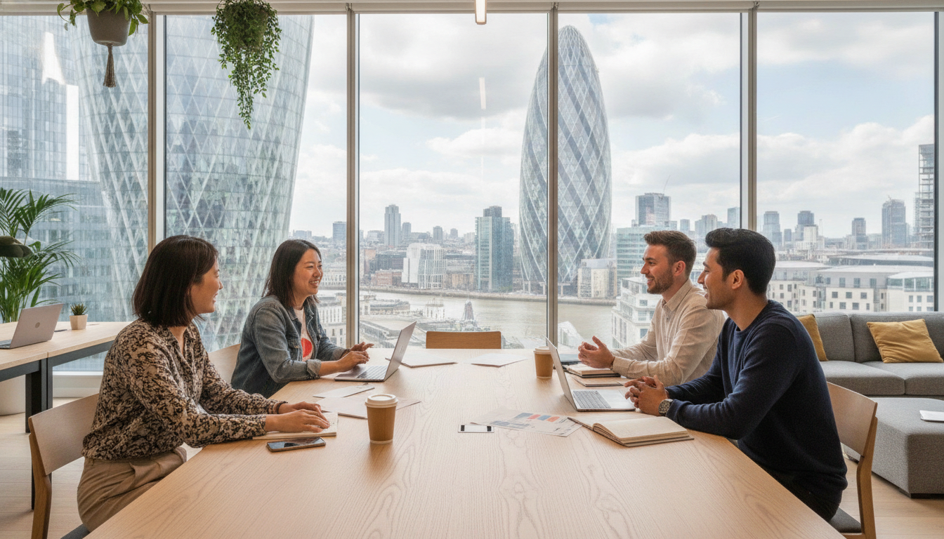 A diverse group of young entrepreneurs having a casual meeting in a bright, modern London co-working space with large windows showing the iconic Gherkin building in the background, photorealistic style, natural lighting.