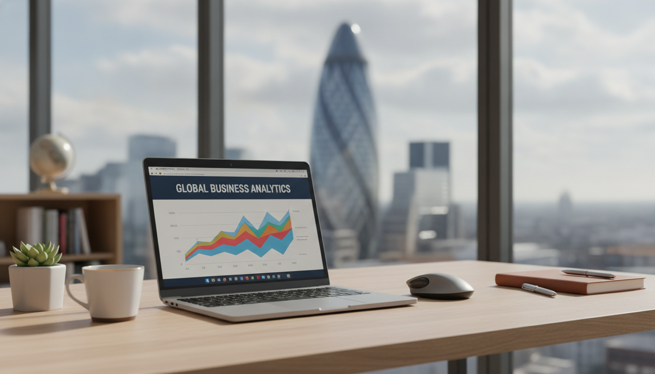A photorealistic, high-resolution image of a modern laptop on a clean wooden desk in a bright office with a blurred view of the London skyline and the Gherkin building in the background, symbolizing global business setup.